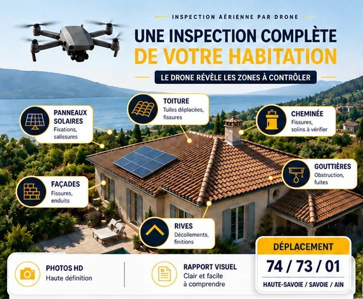 Points contrôlés lors d'une inspection de toiture par drone en Haute-Savoie